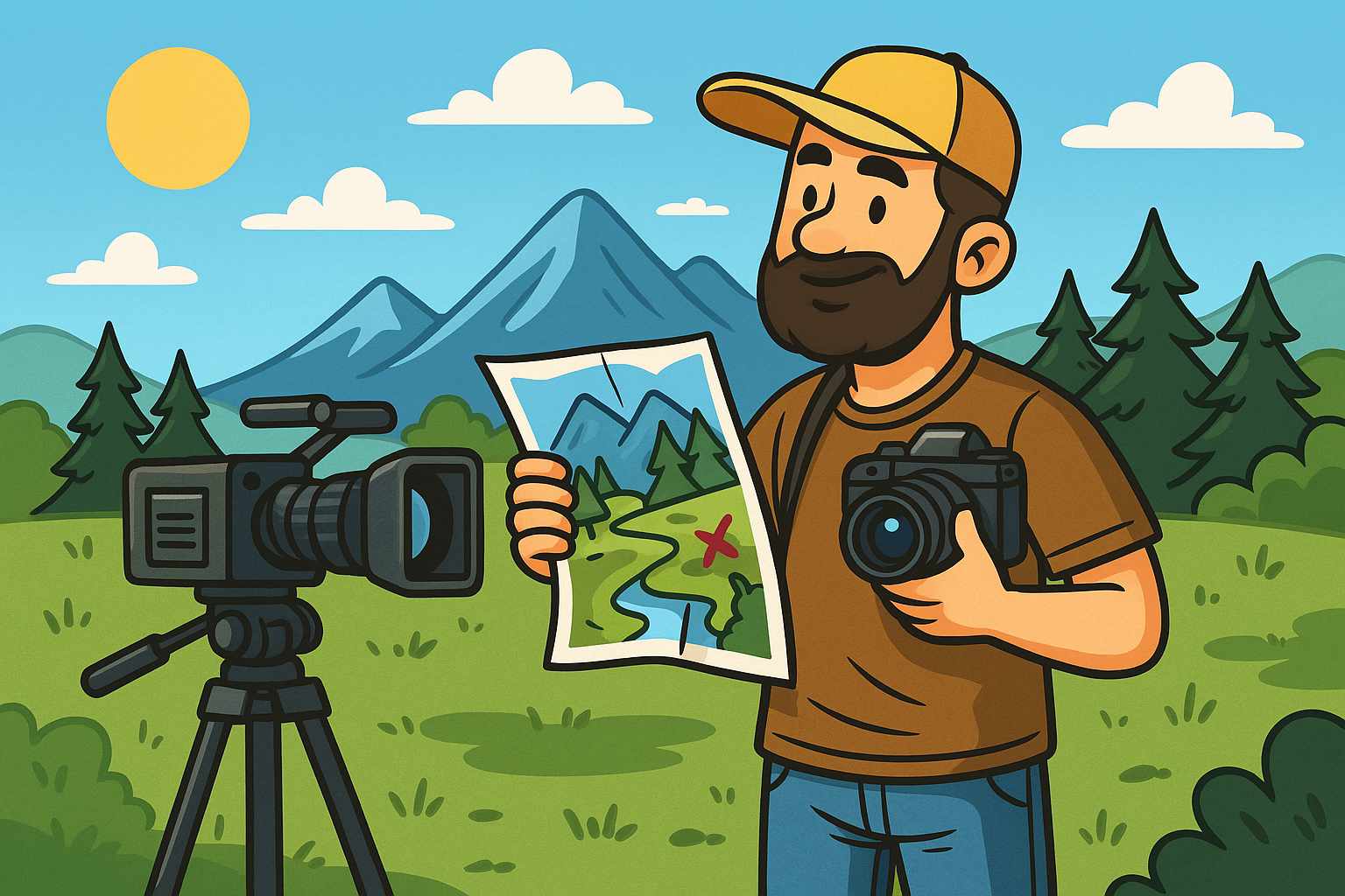 Cartoon illustration of a location scout in the wilderness